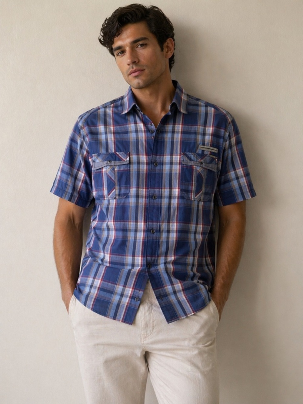 7 Diamonds Plaid Button Up Shirt Mens XXL Blue Short Sleeve Western Pearl Snap
